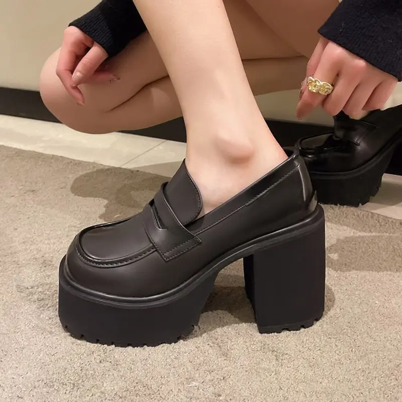 Leatherwork In French - Petite Women Black Leather Loafers 8cm